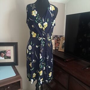 Floral Wrap Dress - Navy and Yellow